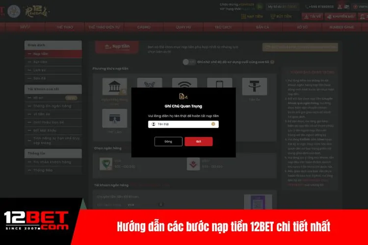 Hướng dẫn các bước nạp tiền 12BET chi tiết nhất