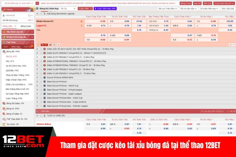 Tham gia đặt cược kèo tài xỉu bóng đá tại thể thao 12BET