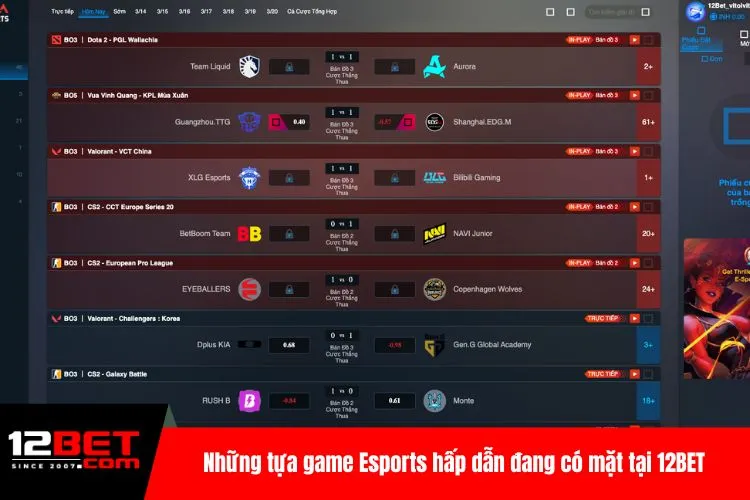 Những tựa game Esports hấp dẫn đang có mặt tại 12BET