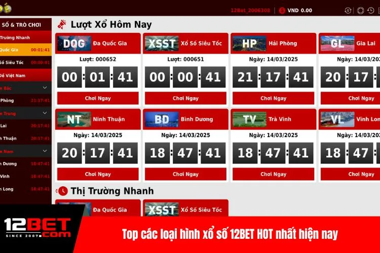 Top các loại hình xổ số 12BET HOT nhất hiện nay
