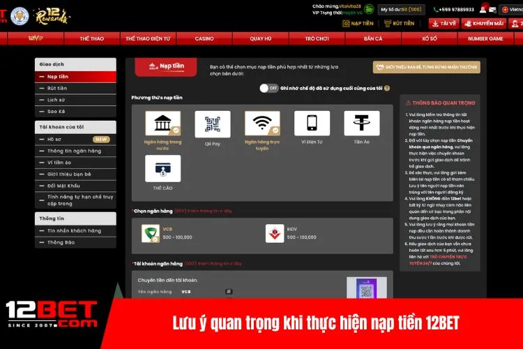 Lưu ý quan trọng khi thực hiện nạp tiền 12BET
